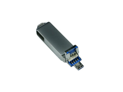 USB-флешка на 64 Гб, интерфейс USB3.0, поворотный механизм,c дополнительными разъемами для I-phone Lightning и Micro USB,  полностью металлический корпус, серебро