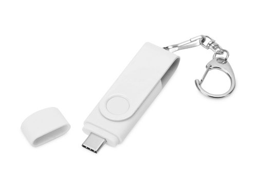USB-флешка на 32 Гб 3 в 1 поворотный механизм, c двумя дополнительными разъемами MicroUSB и TypeC C с одноцветным металлическим клипом, белый