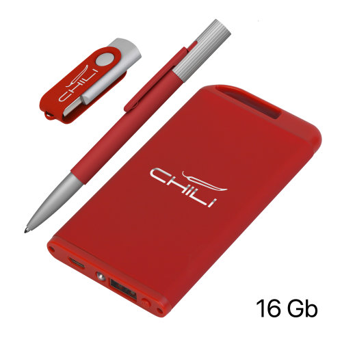 Набор ручка "Clas" + флеш-карта "Vostok" 16Гб + зарядное устройство "Theta" 4000 mAh в футляре, покрытие soft touch#, красный