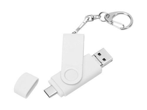 USB-флешка на 32 Гб 3 в 1 поворотный механизм, c двумя дополнительными разъемами MicroUSB и TypeC C с одноцветным металлическим клипом, белый
