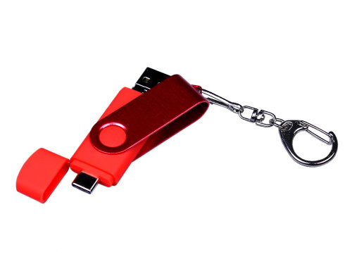 USB-флешка на 32 Гб 3 в 1 поворотный механизм, c двумя дополнительными разъемами MicroUSB и TypeC C с одноцветным металлическим клипом, красный