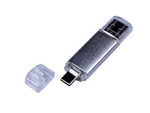 USB-флешка на 64 ГБ c двумя дополнительными разъемами MicroUSB и TypeC, серебро