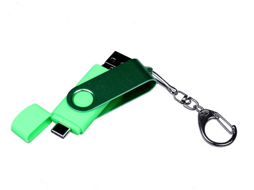 USB-флешка на 32 Гб 3 в 1 поворотный механизм, c двумя дополнительными разъемами MicroUSB и TypeC C с одноцветным металлическим клипом, зеленый