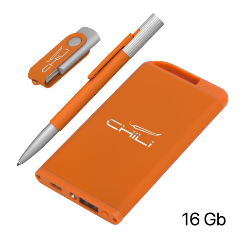 Набор ручка "Clas" + флеш-карта "Vostok" 16Гб + зарядное устройство "Theta" 4000 mAh в футляре, покрытие soft touch#, оранжевый