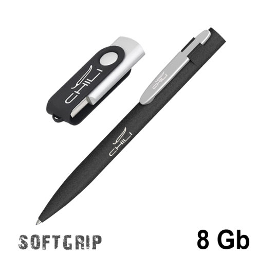 Набор ручка + флеш-карта 8 Гб в футляре, покрытие softgrip, черный с серебристым