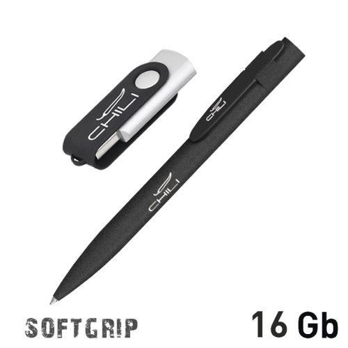 Набор ручка + флеш-карта 16 Гб в футляре, покрытие softgrip, черный