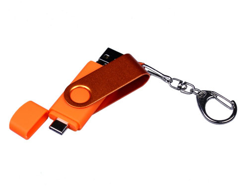 USB-флешка на 32 Гб 3 в 1 поворотный механизм, c двумя дополнительными разъемами MicroUSB и TypeC C с одноцветным металлическим клипом, оранжевый
