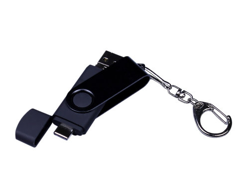 USB-флешка на 64 ГБ 3 в 1 поворотный механизм, c двумя дополнительными разъемами MicroUSB и TypeC C с одноцветным металлическим клипом, черный
