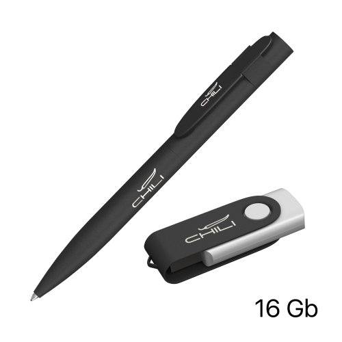 Набор ручка + флеш-карта 16 Гб в футляре, покрытие softgrip, черный