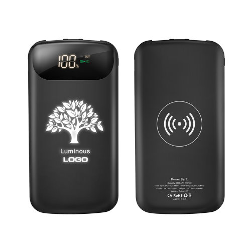 Беспроводное зарядное устройство "Shine SOFTTOUCH", 8000 mAh с подсветкой логотипа и цифровым индикатором заряда, черный