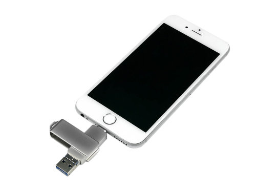 USB-флешка на 32 Гб, интерфейс USB3.0, поворотный механизм,c дополнительными разъемами для I-phone Lightning и Micro USB,  полностью металлический корпус, серебро