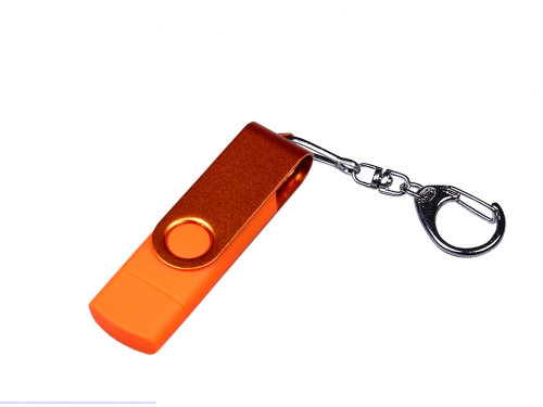 USB-флешка на 16 Гб 3 в 1 поворотный механизм, c двумя дополнительными разъемами MicroUSB и TypeC C с одноцветным металлическим клипом, оранжевый