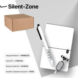 Набор подарочный SILENT-ZONE: бизнес-блокнот, ручка, наушники, коробка, стружка, бело-черный (черный)